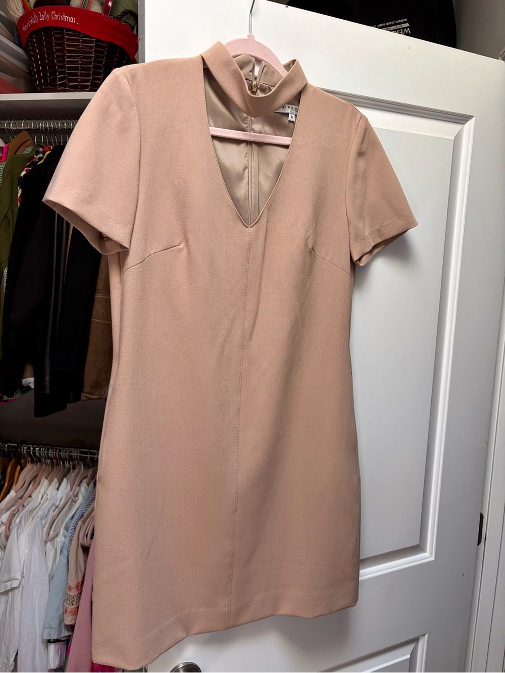 Trina Turk tan Short Sleeve Mini Dress with Keyhole Collar.